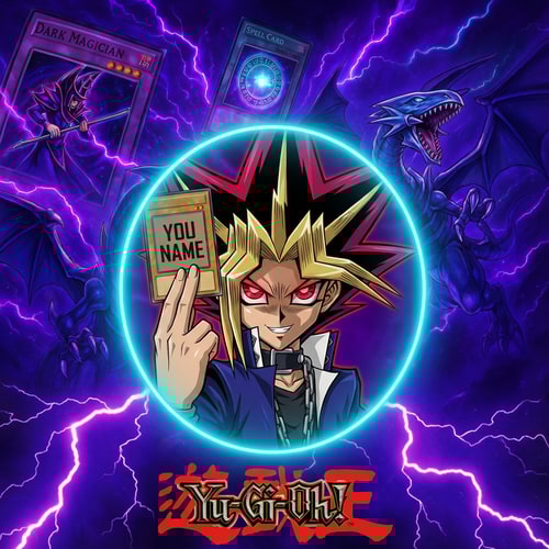 AI Design for Szerkeszd meg nekem epicen. Legyen ott Yugi kezében 1 Kártya amire az van irva "You name" És gonosz vigyorral mosolyogjon
