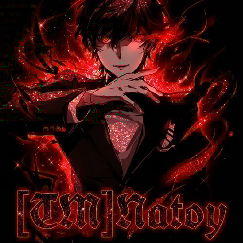 AI Design for Szerkeszd át nekem menőbbre. Legyen csillogo piros fekete aura körülötte, pirosan világitson a szeme és gonosz legyen a képen [TM]Natoy legyen a név de epicen menőn legyen ráirva jol olvashatoan. Illetve a háttérszin fekete legyen