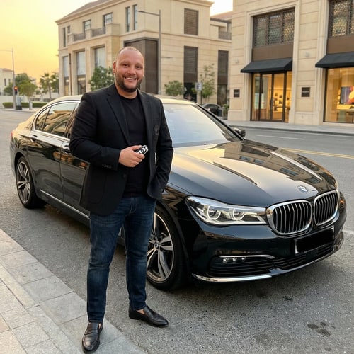 AI Design for Ebből a képből csinálj valami elegánsat, húzd ki a maximumra. Álljon 1 Bmw mellet és a BMW kulcs a kezébe legyen, mosolyogjon és jó ruházat legyen rajta valami laza