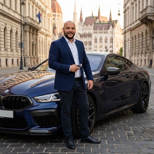 AI Design for Ebből a képből csinálj valami elegánsat, húzd ki a maximumra. Álljon 1 Bmw mellet és a BMW kulcs a kezébe legyen, mosolyogjon és jó ruházat legyen rajta valami laza. De az arc 100%-ban ugyan az legyen mint a képen. És Magyarország legyen a hejszin. Nem muszáj mosolyogni de az arca legyen már ugyanaz kérlek
