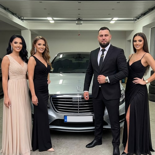 AI Design for Legyen rajta 1 hugo boss oltony egy rolex karoraval és 1 barakka nyaklánc és egy mercedes s osztaly mellet álljon 3 nővel