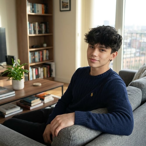 AI Design for Szerkeszd meg ezt a képet 0 filterrel és élethű legyen. Ne legyen rajtam szemüveg se semmi, simán 1 nappaliba üljek. Ügyelj a hajamra és az arcomra hogy normális legyen mint az eredeti képen.