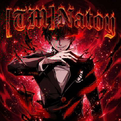 AI Design for Szerkeszd át nekem menőbbre. Legyen csillogo piros fekete aura körülötte, pirosan világitson a szeme és gonosz legyen a képen [TM]Natoy legyen a név de epicen menőn legyen ráirva