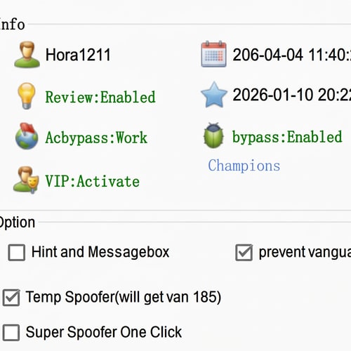 AI Design for VIP statuszra írd rá zöld színnel Activate James helyett legyen oda írva Hora. Temp Spoofer alatt legyen oda írva Super Spoofer One Click