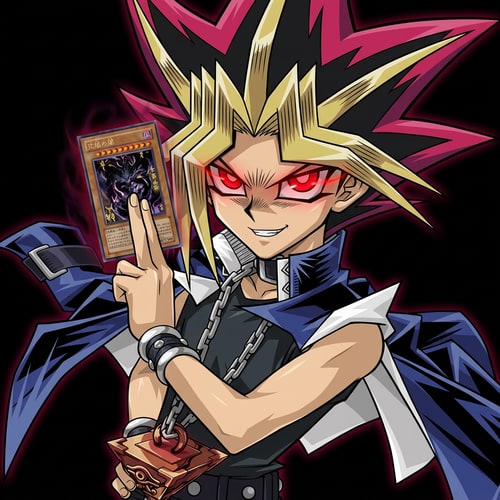 AI Design for Szerkeszd meg Yugit hogy gonosz piros a szeme mosolyog és a kezében 1 ismeretlen erős kártya van