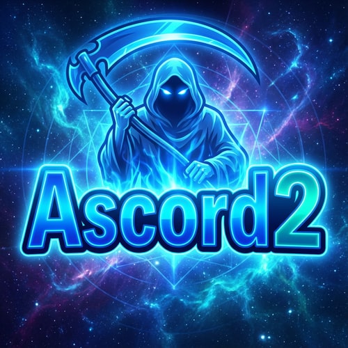 AI Design for Szerkeszd át nekem arra hogy Ascord2 a színe legyen más és 1 kék phantom legyen a logo fölött kék kaszával. Az ascord2 logo legyen kicsit erőteljesebb szin effektel. Lehet más alakzatban is És a háttszin is legyen valami menő