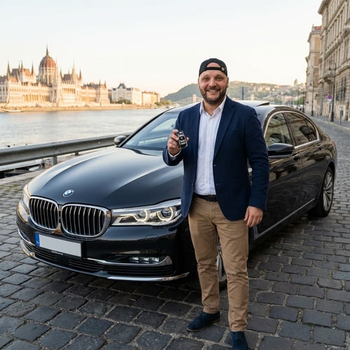 AI Design for Ebből a képből csinálj valami elegánsat, húzd ki a maximumra. Álljon 1 Bmw mellet és a BMW kulcs a kezébe legyen, mosolyogjon és jó ruházat legyen rajta valami laza. De az arc 100%-ban ugyan az legyen mint a képen. És Magyarország legyen a hejszin