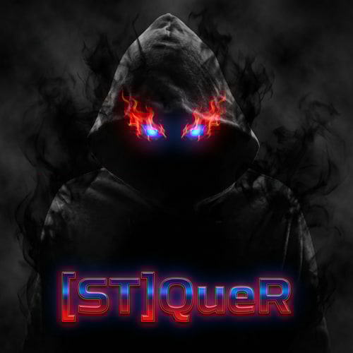 AI Design for Szerkeszd át profin, legyen a köd és az effekt fekete, a szeme legyen vörösen izzó kék és a név legyen [ST]QueR