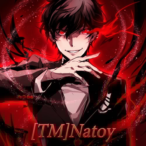 AI Design for Szerkeszd át nekem menőbbre. Legyen csillogo piros fekete aura körülötte, pirosan világitson a szeme és gonosz legyen a képen [TM]Natoy legyen a név