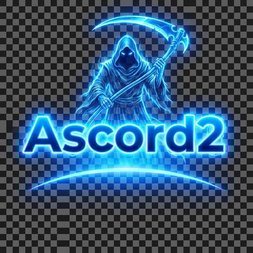 AI Design for Szerkeszd át nekem arra hogy Ascord2 a színe legyen más és 1 kék phantom legyen a logo fölött kék kaszával. Az ascord2 logo legyen kicsit erőteljesebb szin effektel. Viszont a átlátszóság az maradjon meg a képen