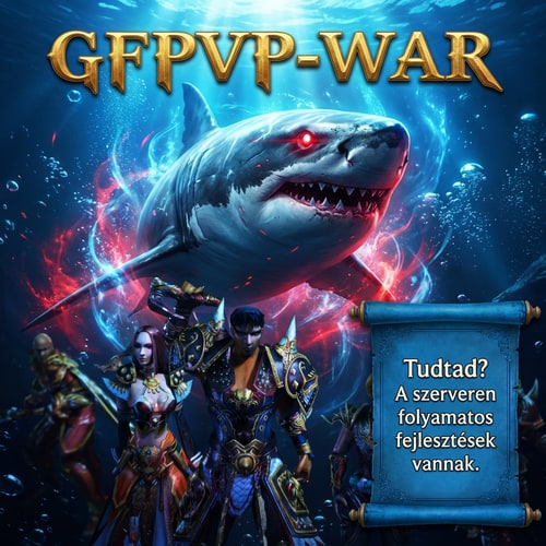 AI Design for Legyen sokkal epikusabb. Pl: vízalatt legyen 1 Cápa epikus nagyon szép effektel piros szemmel legyen oda írva oldalra kék tekercs formájába: Tudtad? A szerveren folyamatos fejlesztések vannak. Felülre meg GFPVP-WAR viszont a többi feliratot tüntsd el