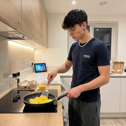 AI Design for Szerkeszd meg úgy hogy épp tojásrántottát csinál. Hugoboss poló legyen rajtam meg 1 melegytő