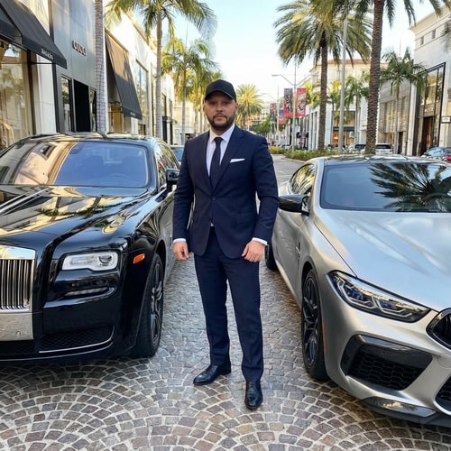 AI Design for Szerkeszd meg ezt a képet úgy hogy ott áll 1 Roys Roys mellet és 1 BMW mellet realisztiukusan és jól öltözötten