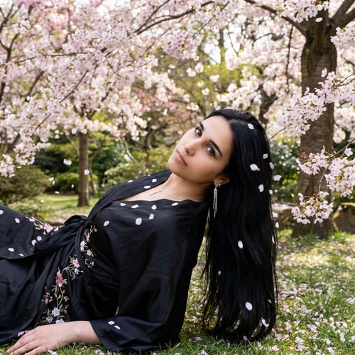 AI Design for Japánban legyen, sakura fák legyenek körülöttem és hujjanak róla a szirmok. Hosszu fekete hajam legyen csipőmig érő. És elegáns ruha legyek és a kép 100%-ban realisztikus legyen legyen rajtam nyaklánc és lógos fülbevaló