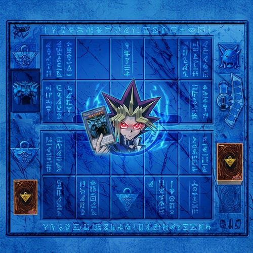 AI Design for Szerkeszd meg nekem a Kék háttér maradjon, a közepén Yugi legyen piros szemmel kezében 1 Kártya Obelisk lappal. Legyen misztikus szép. Legyen a Mappon Yugiosh témák. A pakli normálisan látszódjon a helye stb stb
