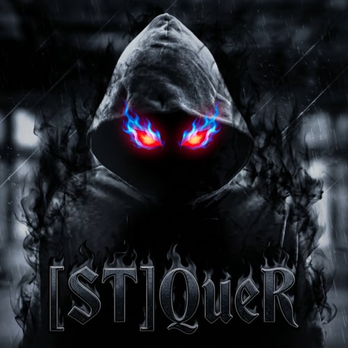 AI Design for Szerkeszd át profin, legyen a köd és az effekt fekete, a szeme legyen vörösen izzó kék és a név legyen [ST]QueR DE AZ IRÁS MENŐ legyen illeszkedjen a képhez