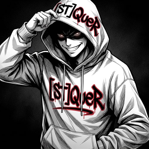 AI Design for Szerekeszd át nekem menőn gonoszan vigyorogjon, kisebb feketéspiros szeme legyen legyen rá írva epicmenőn [ST]QueR illetve más álása legyen a kapucni legyen ratja baszó és az arca legyen menőbb