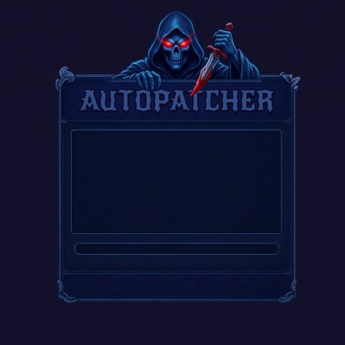 AI Design for Szereszd át. Az alap maradhat a szin legyen sötétkék. Illetve az aranysárkány helyett legyen 1 Kék phantom piros izzó szemmekkel és vérvörös késsel a kezébe. Autópatcher színe legyen Sötétkék. A Phantom kép illeszkedjen a patcherbe felülre kérlek.