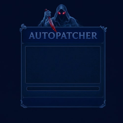 AI Design for Szereszd át. Az alap maradhat a szin legyen sötétkék. Illetve az aranysárkány helyett legyen 1 Kék phantom piros izzó szemmekkel és vérvörös késsel a kezébe. Autópatcher színe legyen Sötétkék