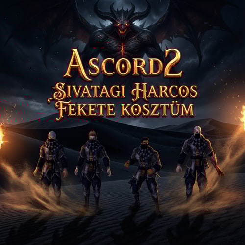 AI Design for Szerkeszd meg nekem epicen. Legyen oda irva Ascord2  - Sivatagi harcos fekete  Kosztüm. És valami fekete sivatagba legyenek. valami sötét lény  legyen az Ascord2 felirat felett. Az irás is legyen nagyon szép kidolgozott