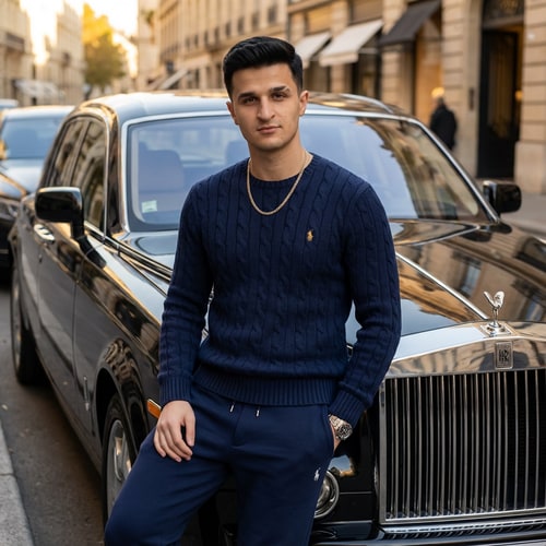 AI Design for Adj rám 1 ralph lauren kötött pulóvert.Álljak 1 Roys Royce mellet. Ralph lauren melegitővel és 1 elegáns nyaklánc legyen rajtam illetve a szemöldököm rendezett legyen. És a Roys Roycenak dőljek neki