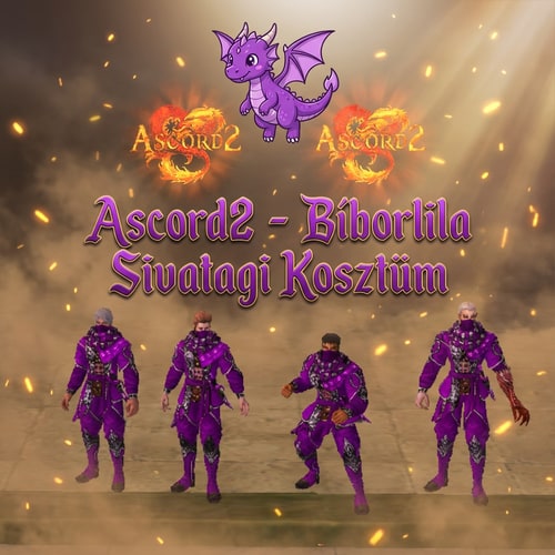 AI Design for Szerkeszd meg nekem epicen. Legyen oda irva Ascord2  - Bíborlila Sivatagi Kosztüm. És valami cuki lila sárkány legyen az Ascord2 felirat felett