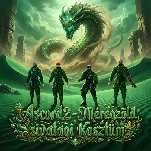 AI Design for Szerkeszd meg nekem epicen. Legyen oda irva Ascord2  - Méregzöld sivatagi Kosztüm. És valami zöld háttér legyen  zöld  lény  legyen az Ascord2 felirat felett. Az irás is legyen nagyon szép kidolgozott