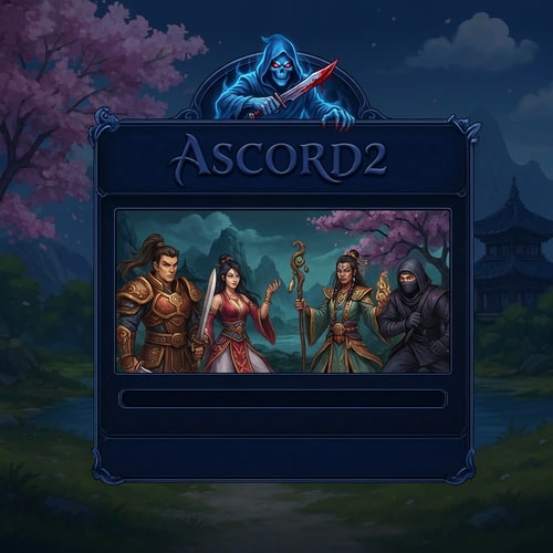 AI Design for Szereszd át. Az alap maradhat a szin legyen sötétkék. Illetve az aranysárkány helyett legyen 1 Kék phantom piros izzó szemmekkel és vérvörös késsel a kezébe.Mysthic2 felirat helyén legyen oda írv ASCORD2 színe legyen Sötétkék. A Phantom kép illeszkedjen a patcherbe felülre kérlek. Illetve a pathceren belül a karakterek legyenek Metines témák.