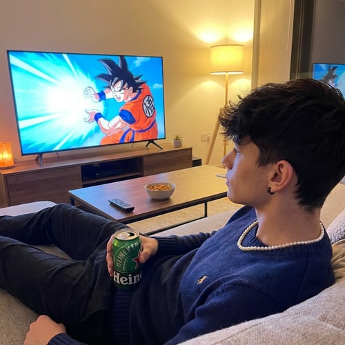 AI Design for Szerkessz meg hol a lakásba vagyok és fekszek napszemüveg nem kel illetve a TV-be nézem Songokut. És van rajtam 1 elegáns fehér gyöngy nyaklánc a kezembe 1 Heinekem sőr dobozos. És full realisztikus legyen a kép ne lehessen megmondani hogy AI