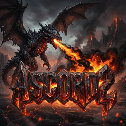 AI Design for Szerkeszd át fekete sárkányra, ahol fekete tüzet okád az Ascord2-es feliratra. Illetve minden illeszkedjen a fekete sárkányhoz