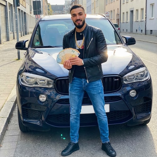 AI Design for Szerkeszd meg ezt a képet úgy hogy 1 BMW előtt álok, barakka nyaklánc a nyakamba, Zara farmer, zara kabát, zara cipő és mutatom az eurókat. Realisztikus legyen az egész kép az arcom minden