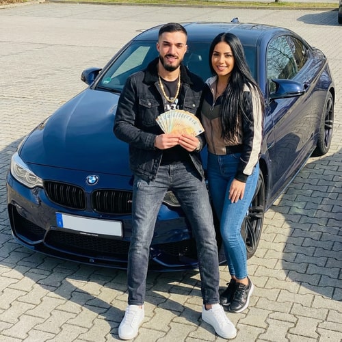 AI Design for Szerkeszd meg ezt a képet úgy hogy 1 BMW előtt álok, barakka nyaklánc a nyakamba, Zara farmer, zara kabát, zara cipő és mutatom az eurókat. Realisztikus legyen az egész kép az arcom minden. Álljon mellettem 1 latin nő