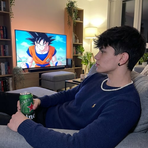 AI Design for Szerkessz meg hol a lakásba vagyok és fekszek napszemüveg nem kel illetve a TV-be nézem Songokut. És van rajtam 1 elegáns fehér gyöngy nyaklánc a kezembe 1 Heinekem sőr dobozos. És full realisztikus legyen a kép ne lehessen megmondani hogy AI