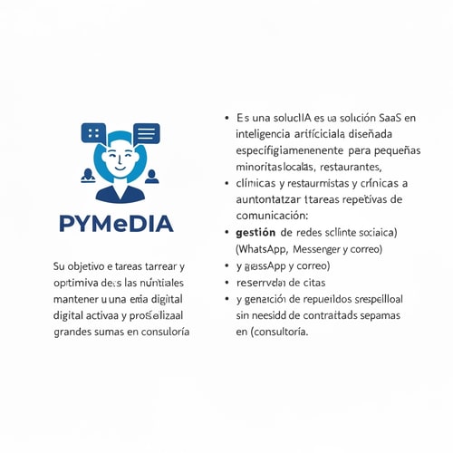 AI Design for Quiero crear un logo para esta empresa de IA:
PYMedIA es una solución SaaS basada en inteligencia artificial diseñada específicamente para pequeñas y medianas empresas locales (comercios minoristas, restaurantes, clínicas y profesionales autónomos). Su objetivo es automatizar y optimizar tareas repetitivas y críticas de comunicación: gestión de redes sociales (programación de publicaciones y respuestas estándar), atención al cliente básica (WhatsApp, Messenger y correo), reserva y agenda de citas, y generación de contenidos sencillos (copies y respuestas).
PYMedIA busca reducir la carga operativa de las pymes permitiéndoles mantener una presencia digital activa y profesional sin necesidad de contratar personal especializado ni invertir grandes sumas en consultoría.