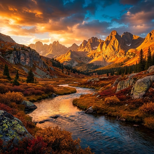 AI Design for A vibrant, dramatic mountain landscape, focused on a winding river reflecting the sky — Wide-angle, cinematic vista shot using the rule of thirds; deep depth of field — Rich, saturated colors reflecting the golden hour, deep cerulean blue sky, warm earth tones, and striking contrasts — Intense, realistic Golden Hour sunlight with long, dramatic shadows and bright, living highlights; mood is awe-inspiring and alive — Ultra-photorealistic 16k detail, captured with a professional large-format digital camera — Maximize realism and vibrancy; avoid any visible brushstrokes or painterly effects; ensure deep textural detail — Rugged alpine environment stretching to the horizon.