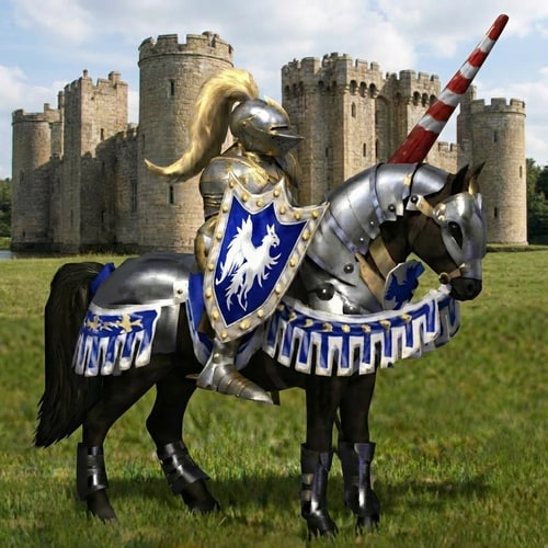AI Design for base on this gudlines ' generate a knight on a shining horse with castle in the backgruod to look likr it was filmed in real life