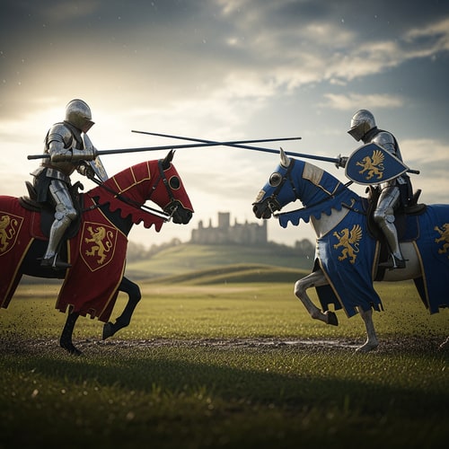 AI Design for i want bigger picture scale to see more bacground and  i want to see a full body two knight not 1 and half 2 full knights each side of the picture charging at one another