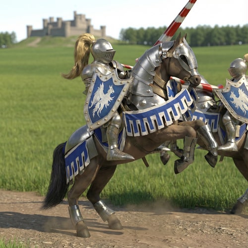 AI Design for make him be in a backgroud with a far castle on the heal a vast green field with trees in the horizen ' and a paralel same cavalier pointing at him in front direction