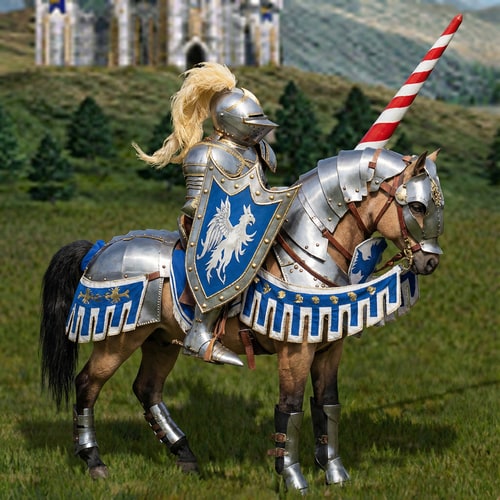 AI Design for i want the same castle the same green view the same horse armor knight ect, but i want it to look very real and i want it to be in ultra good quality no pixels blurry image