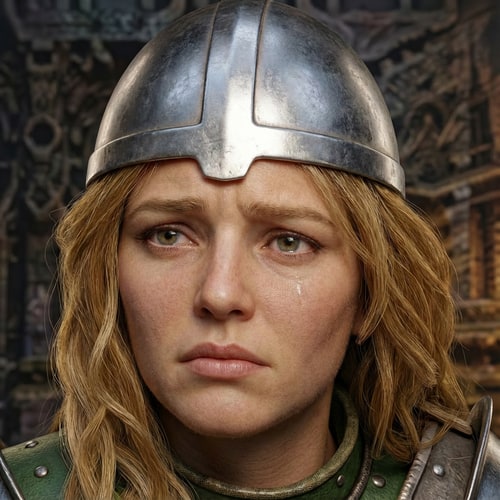 AI Design for she look sad , keep the same basic details but make her beautiful