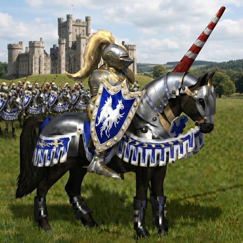 AI Design for make it look real photage , like photography and with real castel behind and a real cavalry that look like the picture