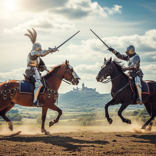 AI Design for i want bigger picture scale to see more bacground and  i want to see a full body two knight not 1 and half 2 full knights each side of the picture charging at one another