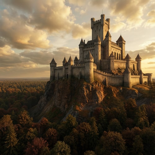AI Design for A majestic, imposing medieval castle dominating the landscape — Dynamic low-angle wide shot emphasizing scale and grandeur, centered framing — Deep earthen tones, stone grays, and forest greens, punctuated by warm light — Dramatic, cinematic lighting; golden hour atmosphere casting long shadows — Highly detailed digital painting with photorealistic textures; epic fantasy artwork — Ensure the castle remains the unambiguous, primary focal point and is not removed or changed drastically; maintain structural integrity and historical accuracy in design — Situated atop a rugged cliff overlooking a dense, ancient forest.
