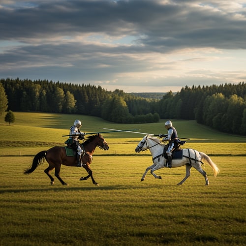 AI Design for i want bigger picture scale to see more bacground and  i want to see a full body two knight not 1 and half 2 full knights each side of the picture charging at one another