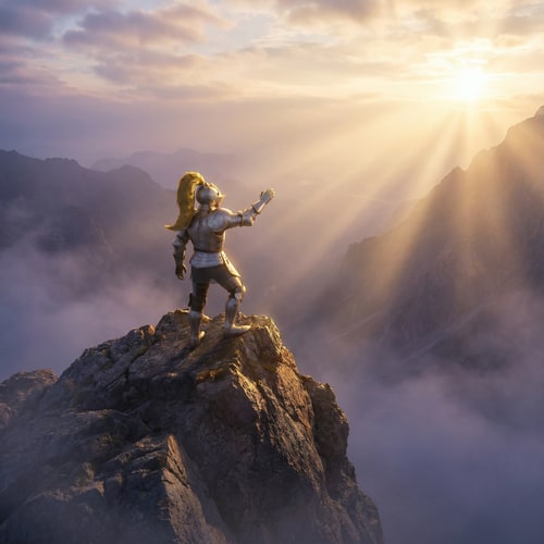 AI Design for A solitary figure standing on a vast, mist-shrouded mountain peak at the moment of sunrise, reaching toward the light — Deep focus, dramatic low-angle perspective, expansive panorama captured on a 70mm lens, emphasizing immense scale — Rich, deep contrasts of warm golden light and cool purple-blue mist, highly saturated cinematic color grade — Volumetric lighting, powerful sun rays breaking through atmospheric haze, high dynamic range (HDR), dramatic and awe-inspiring mood — Ultra-high-resolution photorealism, professional fine art digital medium — Maximum texture, sharpness, and technical fidelity; zero artifacts or digital noise, zero motion blur — Majestic alpine landscape with deep valleys shrouded in fog.
