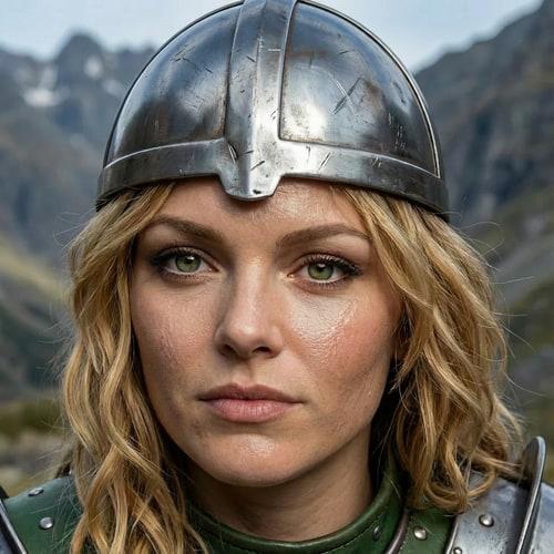 AI Design for make her look liitle less happy but still calm and natural make it hyper realistic picture