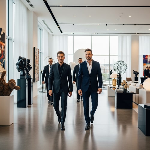 AI Design for recreate this picture make these two handsome men walk in a very design store and make them look like celberities while keep thier original details