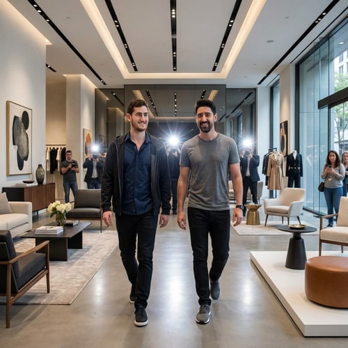 AI Design for recreate this picture make these two handsome men walk in a very design store and make them look like celberities while keep thier original details
