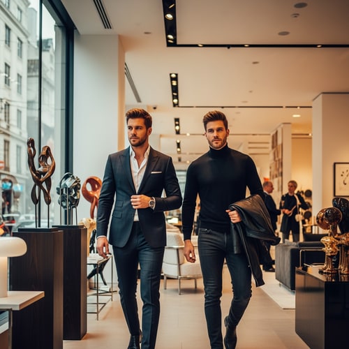 AI Design for recreate this picture make these two handsome men walk in a very design store and make them look like celberities while keep thier original details