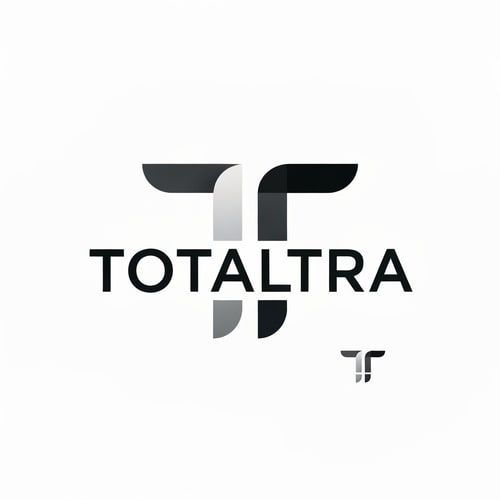 AI Design for Abstract logo for 'Totaltra' company. The design should be an abstract interpretation of a double 'T' (TT). Include the word 'Totaltra' in a sleek, sans-serif typography. Use a color palette of dark greys, black, and white. Modern, clean, and professional. The abstract form should subtly suggest the 'TT' while conveying reliability, efficiency, and completeness. The overall logo should be suitable for digital and print use, focusing on a unique, memorable, and sophisticated visual element with clear brand recognition.